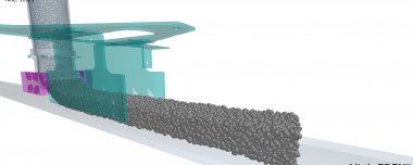 DEM-Simulation einer erfolgreichen Kombination von Gemenge, Maschinenkomponenten und Betriebsparametern Bild DEM-Simulationsgrafik